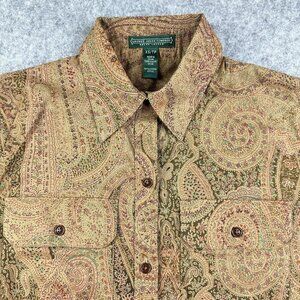 Ralph Lauren LRL Top Blouse Womens XS Brown Paisley LS Button Up Cotton Preppy